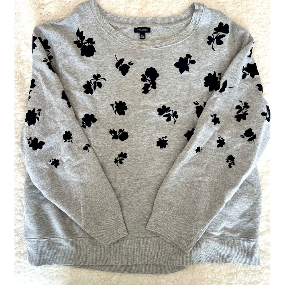 Talbots Womens XL Grey Fleece Sweatshirt Black Velvet Flocked Floral Crewneck